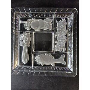 Vintage 1940s Duncan Miller Glass Serving Platter 5 Section Dish Embossed Fish &